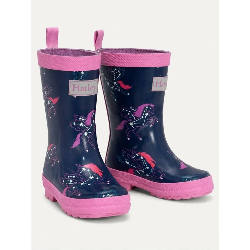 Hatley Pegasus Constellations Kids Waterproof Rain Boots Navy Pink Sz 9 Unicorn